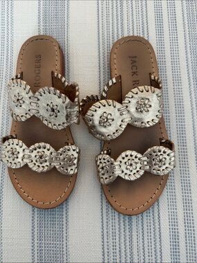 Jack Rogers Metallic Silver Double-Row Circle-Embellished Slide Sandals